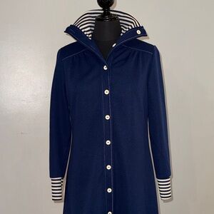Vintage Lady Blair Navy Button Up Midi Dress with Striped Collar and Sleeve